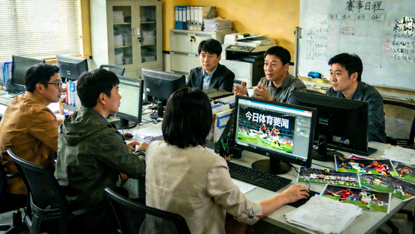 体育新闻编辑室内的资讯内容制作场景