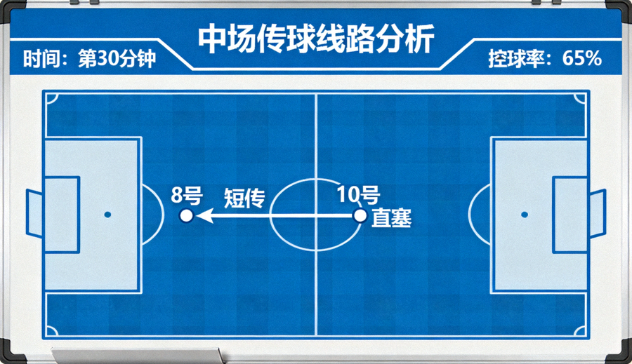 足球战术分析板与中场传球线路示意图